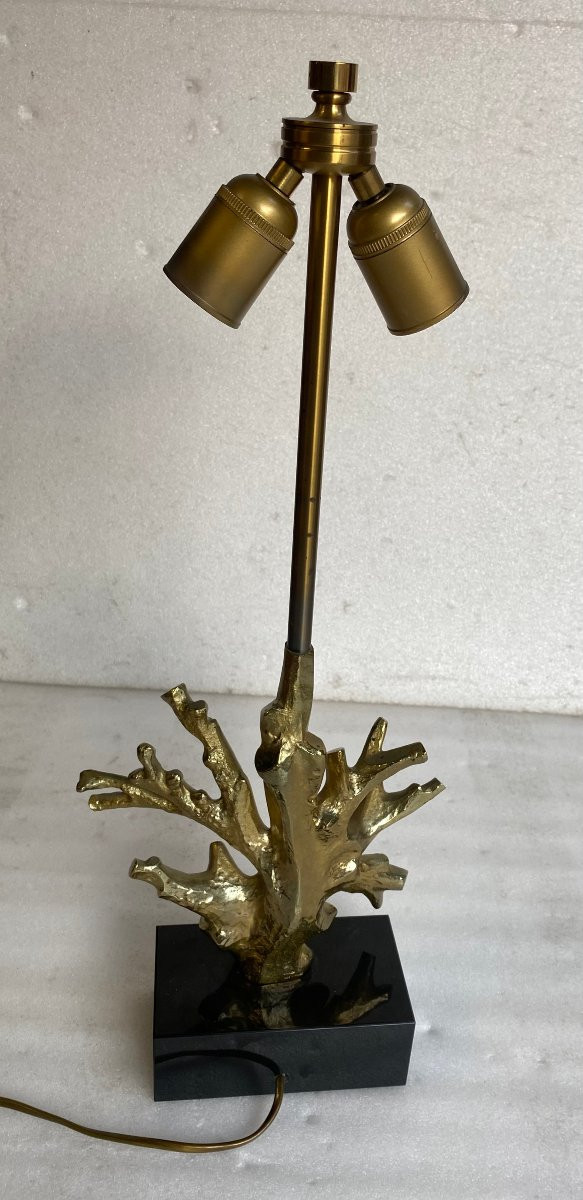 1970′ Lampe Corail Maison Charles Signée Bronze Doré ,Marbre noir-photo-3