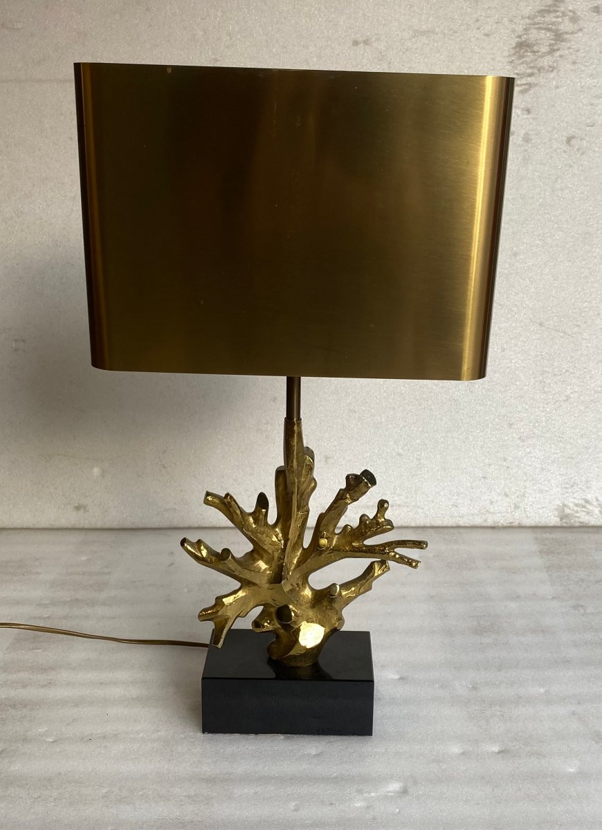 1970′ Lampe Corail Maison Charles Signée Bronze Doré ,Marbre noir-photo-1