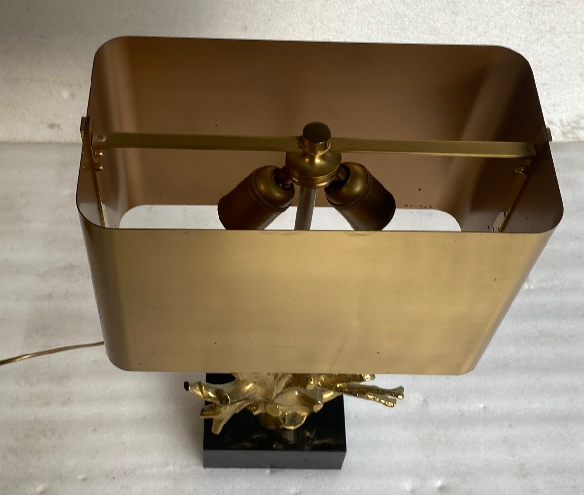 1970′ Lampe Corail Maison Charles Signée Bronze Doré ,Marbre noir-photo-4