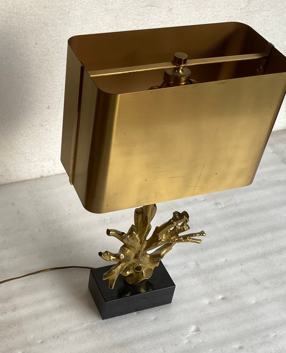 1970′ Lampe Corail Maison Charles Signée Bronze Doré ,Marbre noir-photo-5