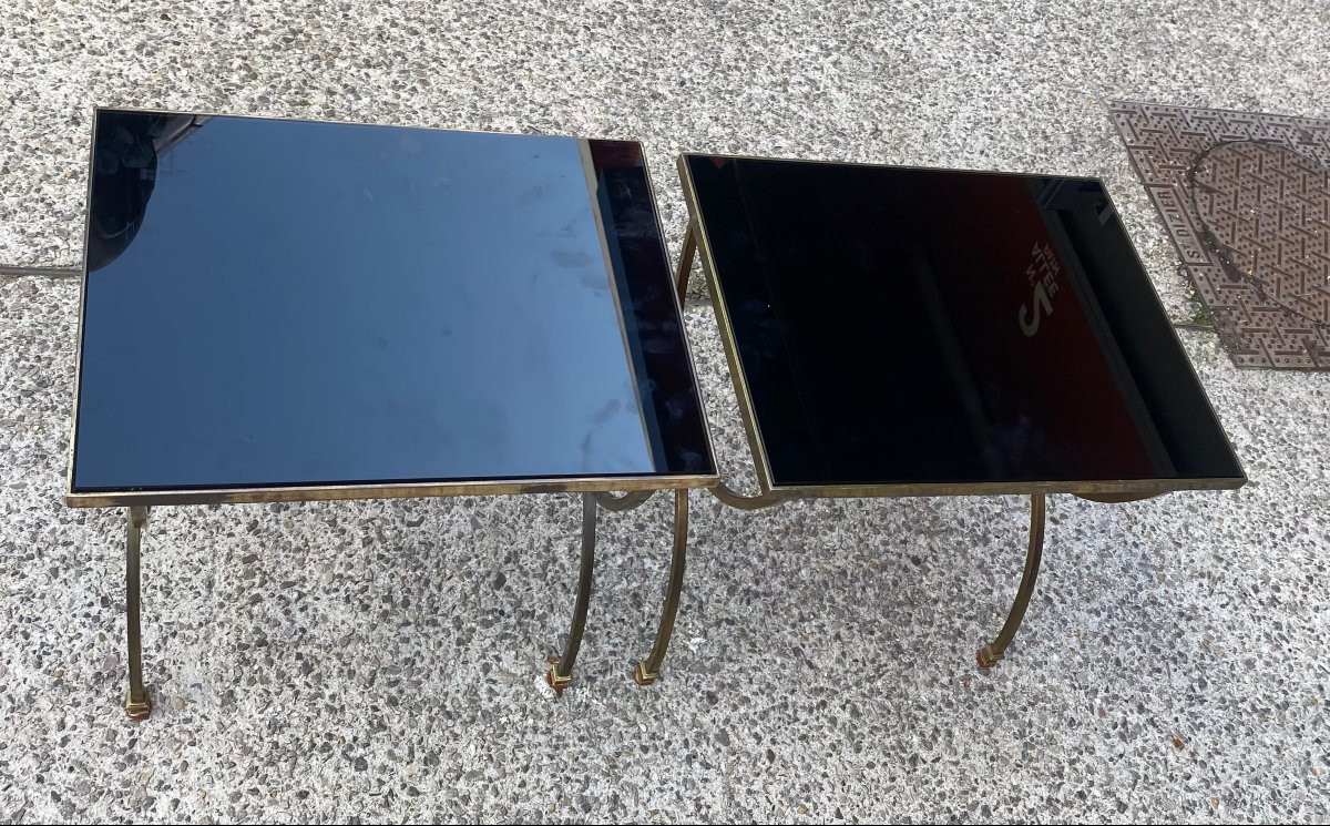 1950/70′ Pair Of Bronze Sofa Ends, Blackened Glass Trays Maison Ramsay 33.5x43.5x H 41-photo-2