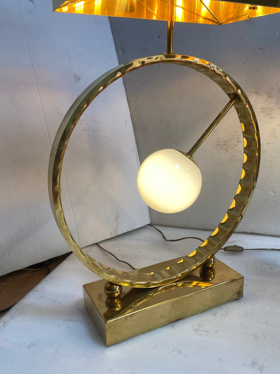 1980′ Paire De Lampes Design En Laiton Et Opaline H 88 cm Ø 48 cm-photo-2