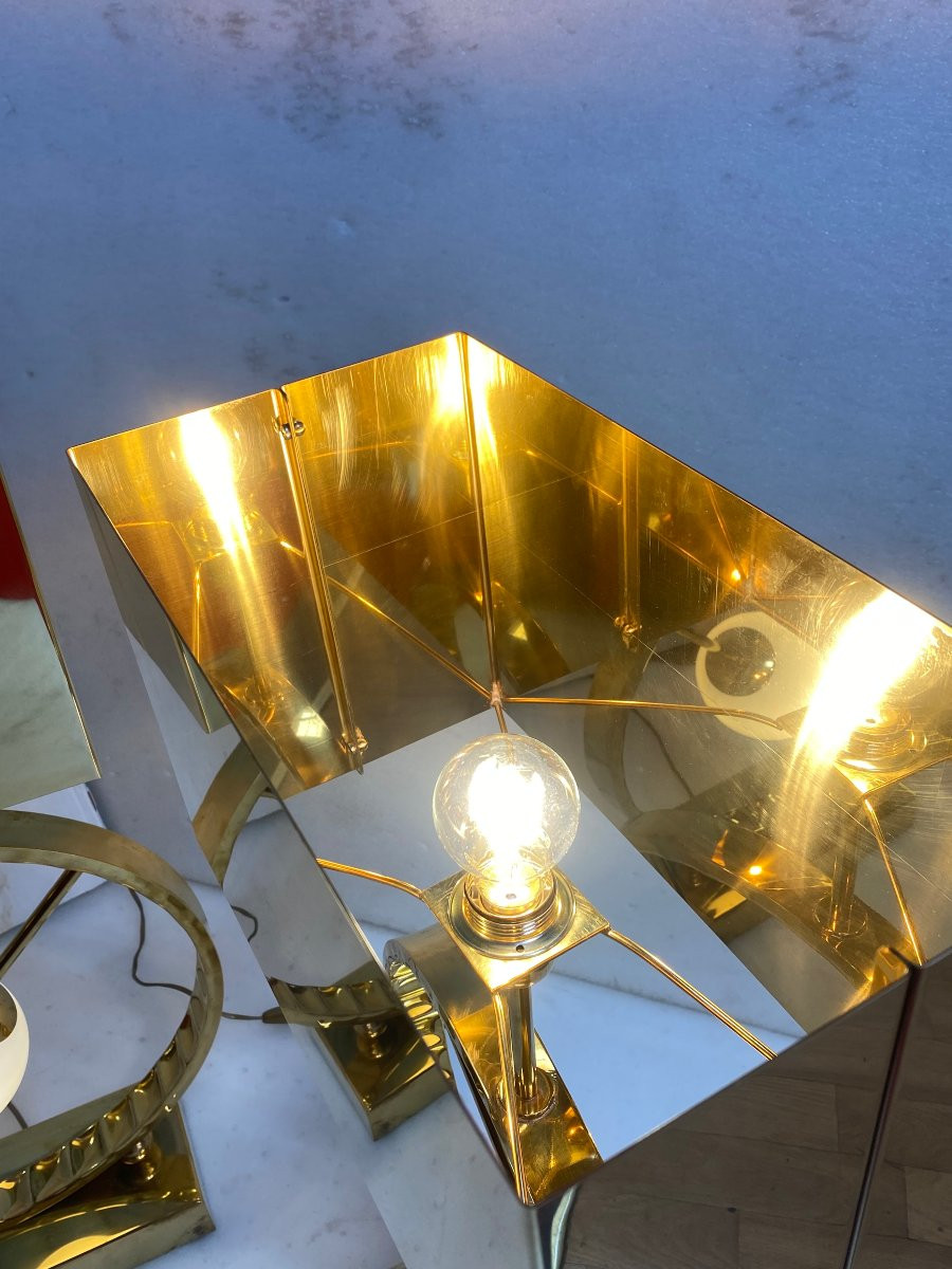 1980′ Paire De Lampes Design En Laiton Et Opaline H 88 cm Ø 48 cm-photo-5