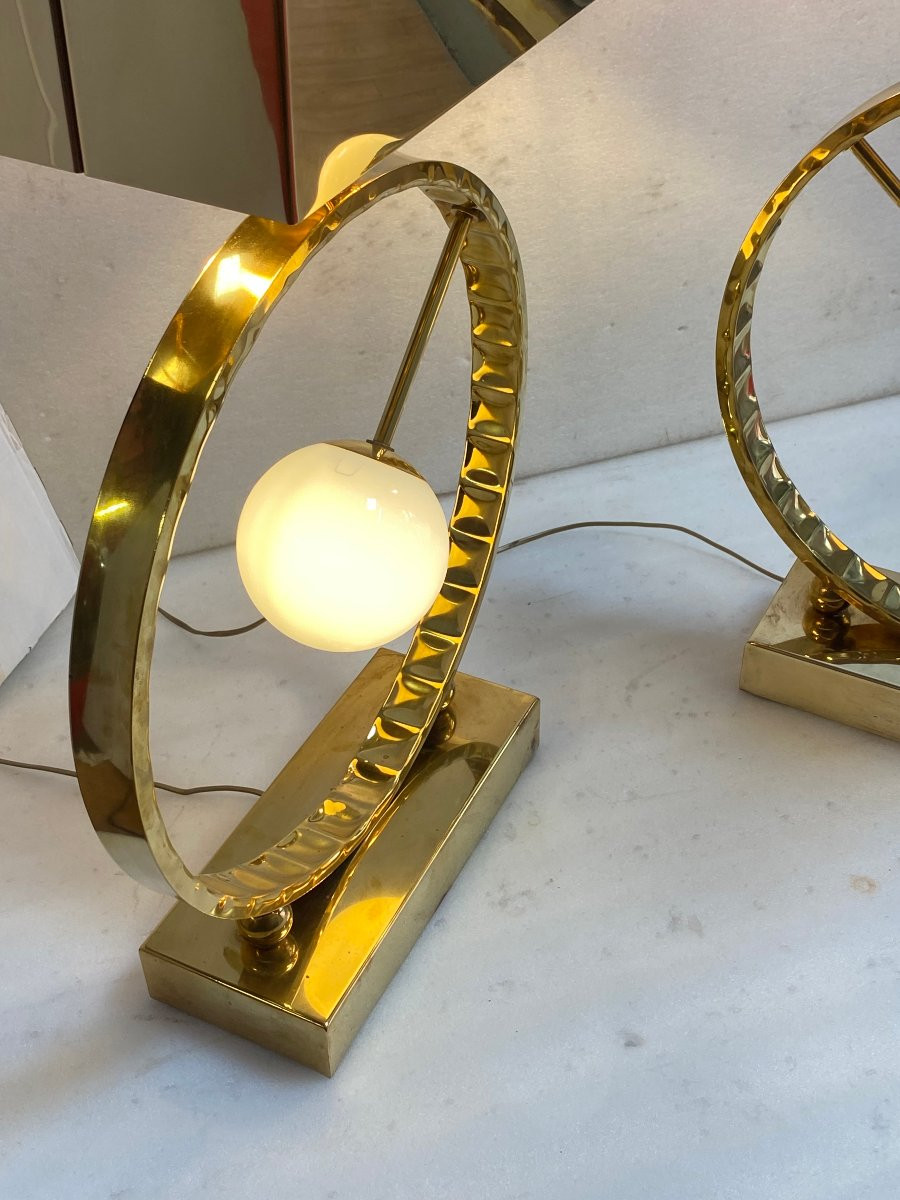 1980′ Paire De Lampes Design En Laiton Et Opaline H 88 cm Ø 48 cm-photo-7