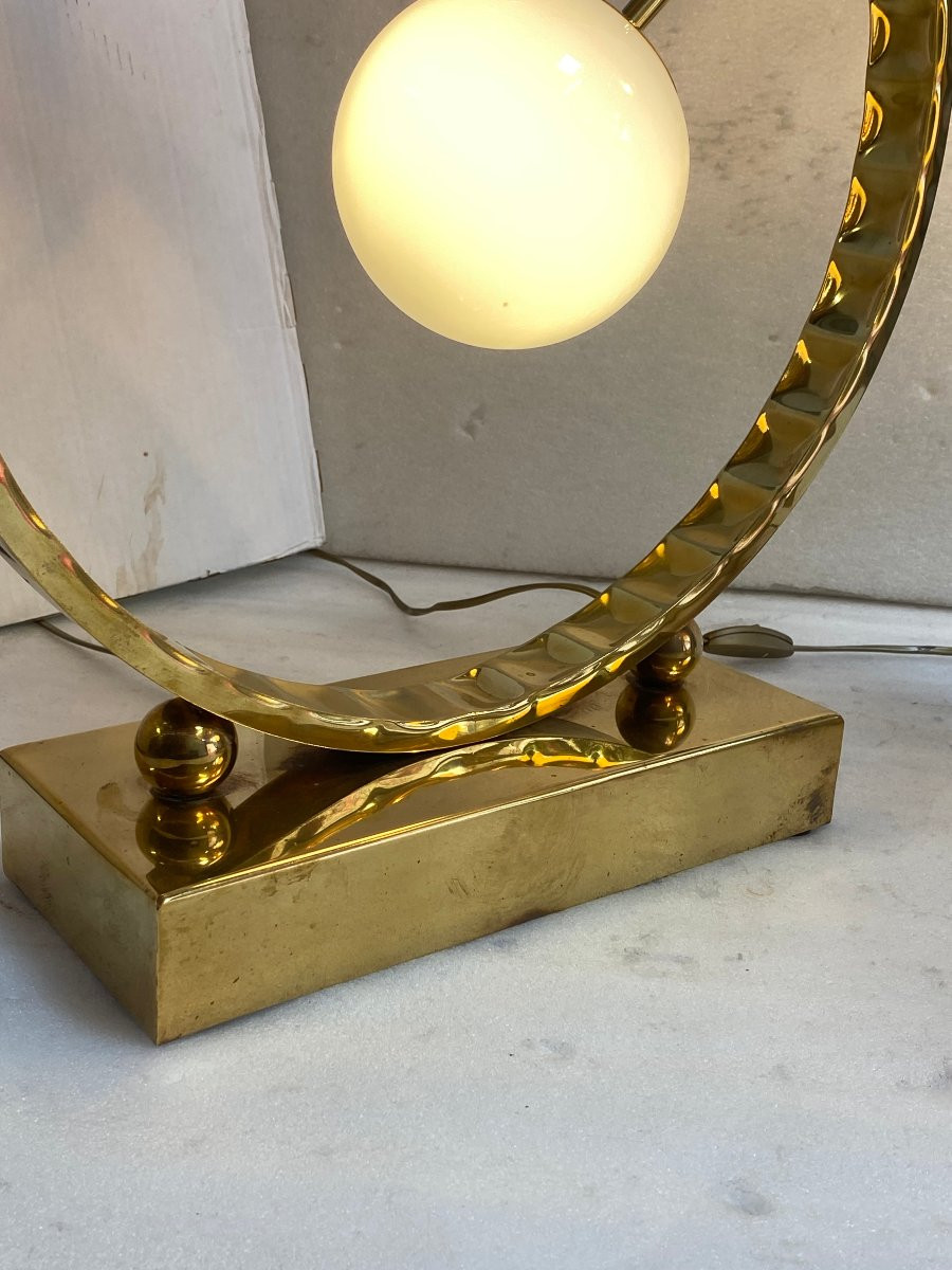 1980′ Paire De Lampes Design En Laiton Et Opaline H 88 cm Ø 48 cm-photo-8