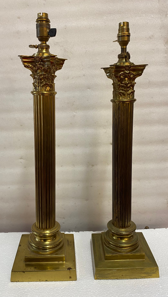 1900′ Paire De Lampes Bronze Style Renaissance Avec Chapiteaux Corinthiens