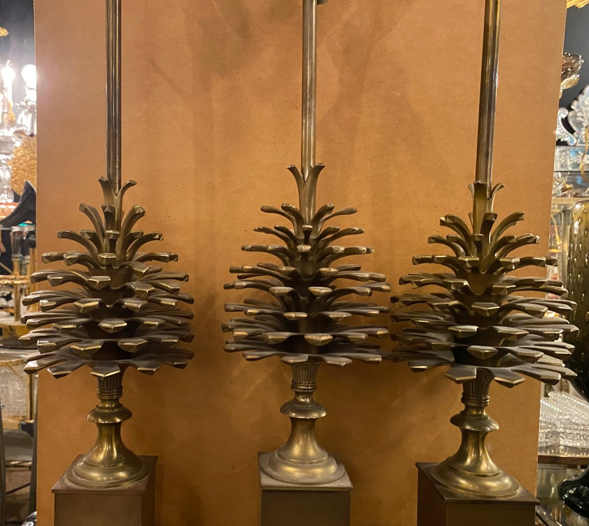 1950/70 Set Of 3 Bronze Lamps With Pine Cone Decor Signed Charles-photo-4