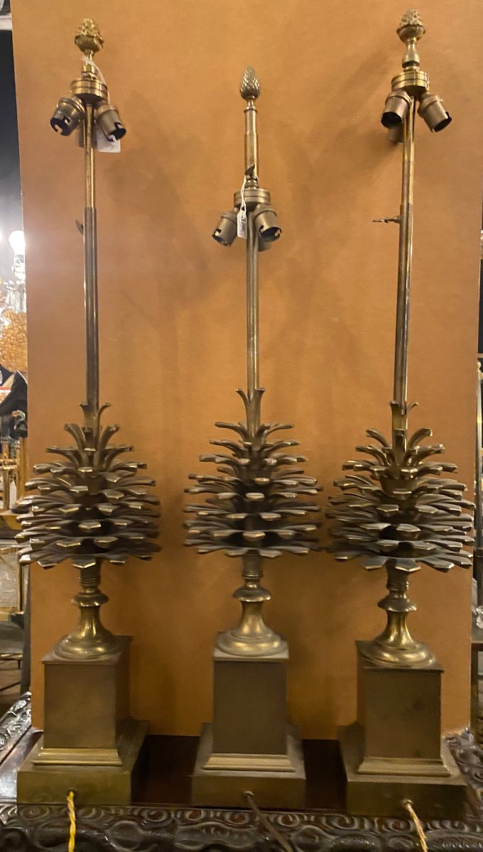 1950/70 Set Of 3 Bronze Lamps With Pine Cone Decor Signed Charles-photo-3