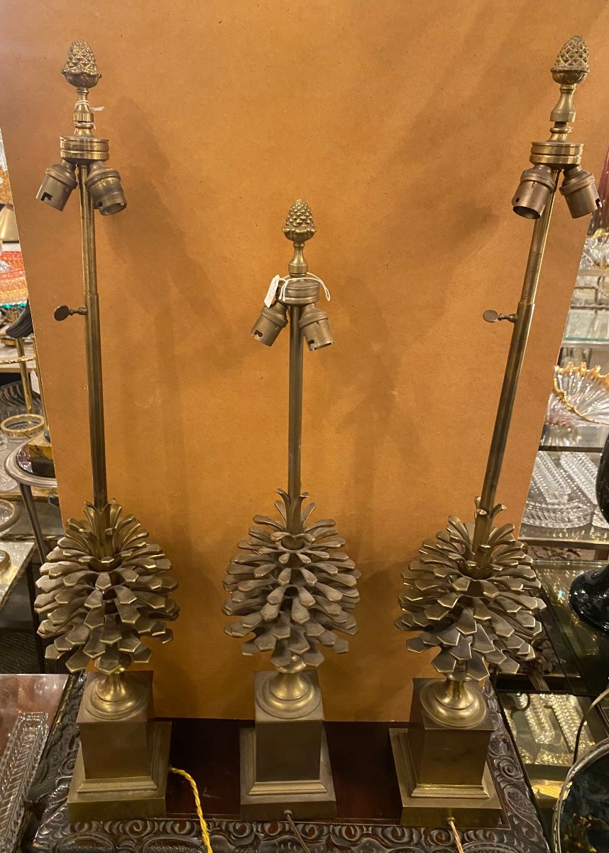 1950/70 Set Of 3 Bronze Lamps With Pine Cone Decor Signed Charles-photo-6