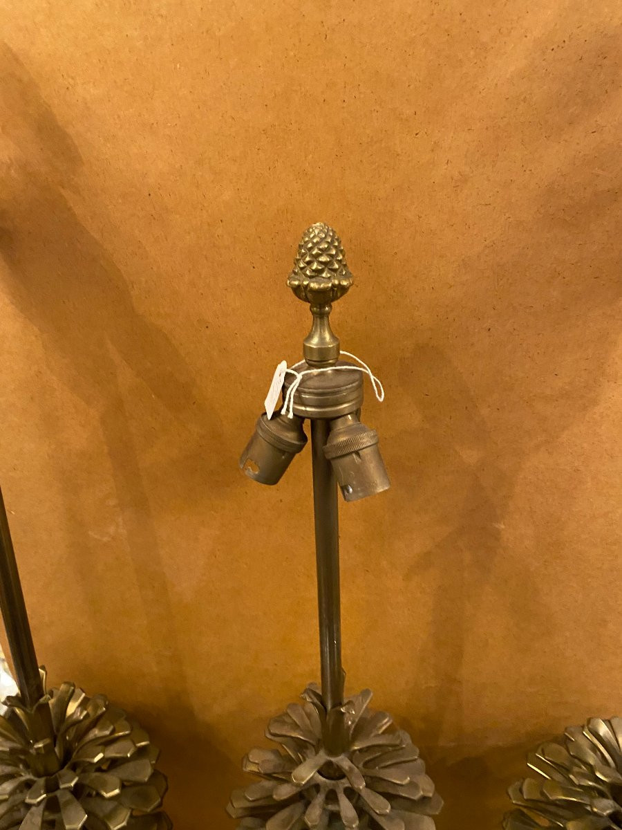 1950/70 Set Of 3 Bronze Lamps With Pine Cone Decor Signed Charles-photo-7