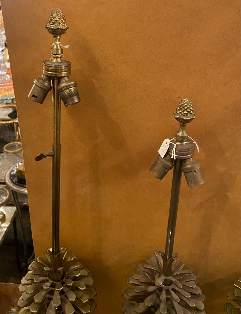 1950/70 Set Of 3 Bronze Lamps With Pine Cone Decor Signed Charles-photo-8