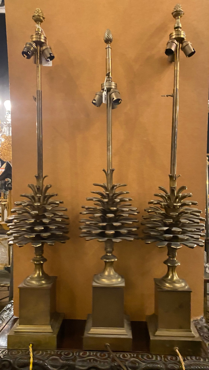 1950/70 Set Of 3 Bronze Lamps With Pine Cone Decor Signed Charles