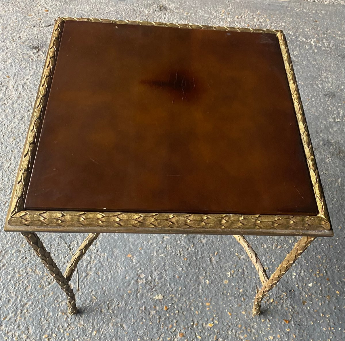1970′ Bronze End Table, Palm Tree Model, Maison Charles, Unsigned, Lacquered Top-photo-8