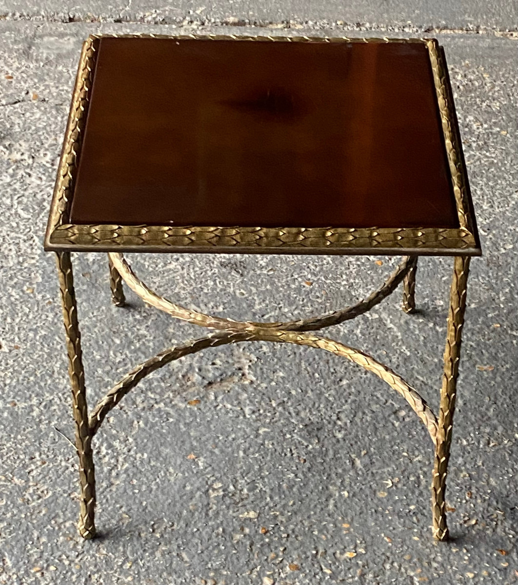 1970′ Bronze End Table, Palm Tree Model, Maison Charles, Unsigned, Lacquered Top