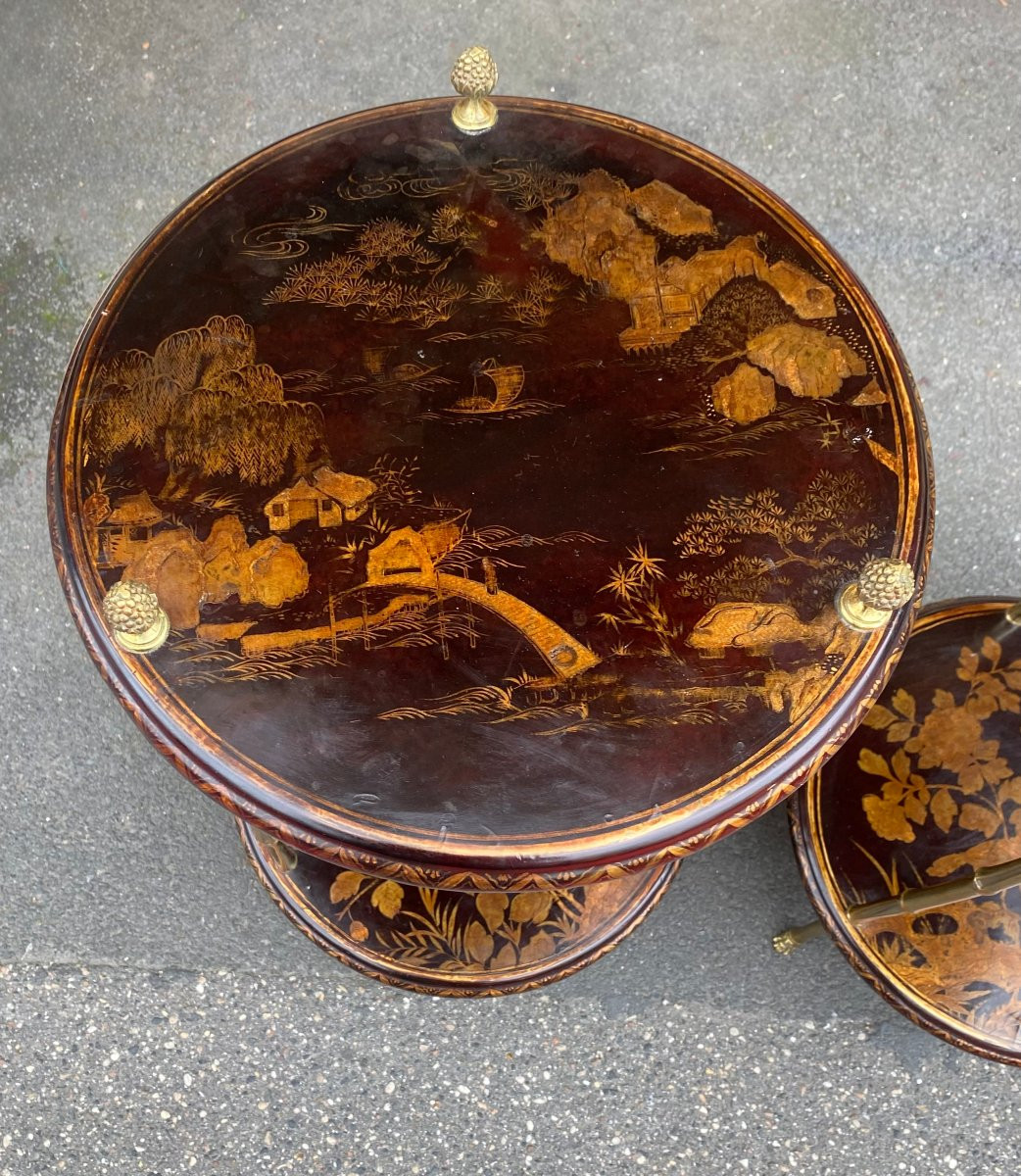 1950/70′ Pair Of Maison Baguès Pedestal Tables Bamboo Decor Gilt Bronze And Chinese Lacquer ø 40 H70 Cm-photo-2