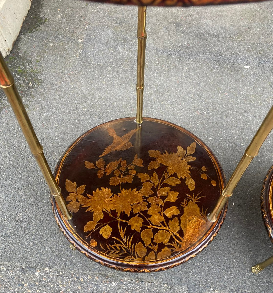 1950/70′ Pair Of Maison Baguès Pedestal Tables Bamboo Decor Gilt Bronze And Chinese Lacquer ø 40 H70 Cm-photo-3