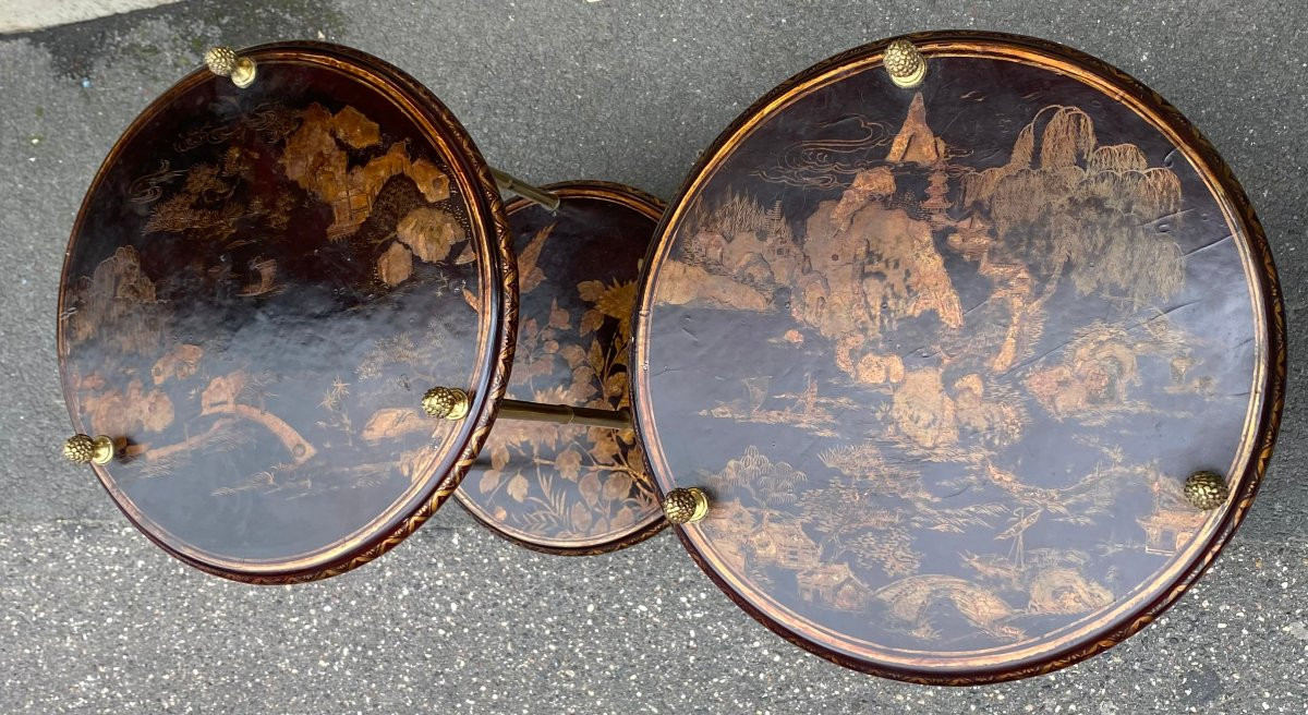 1950/70′ Pair Of Maison Baguès Pedestal Tables Bamboo Decor Gilt Bronze And Chinese Lacquer ø 40 H70 Cm-photo-2