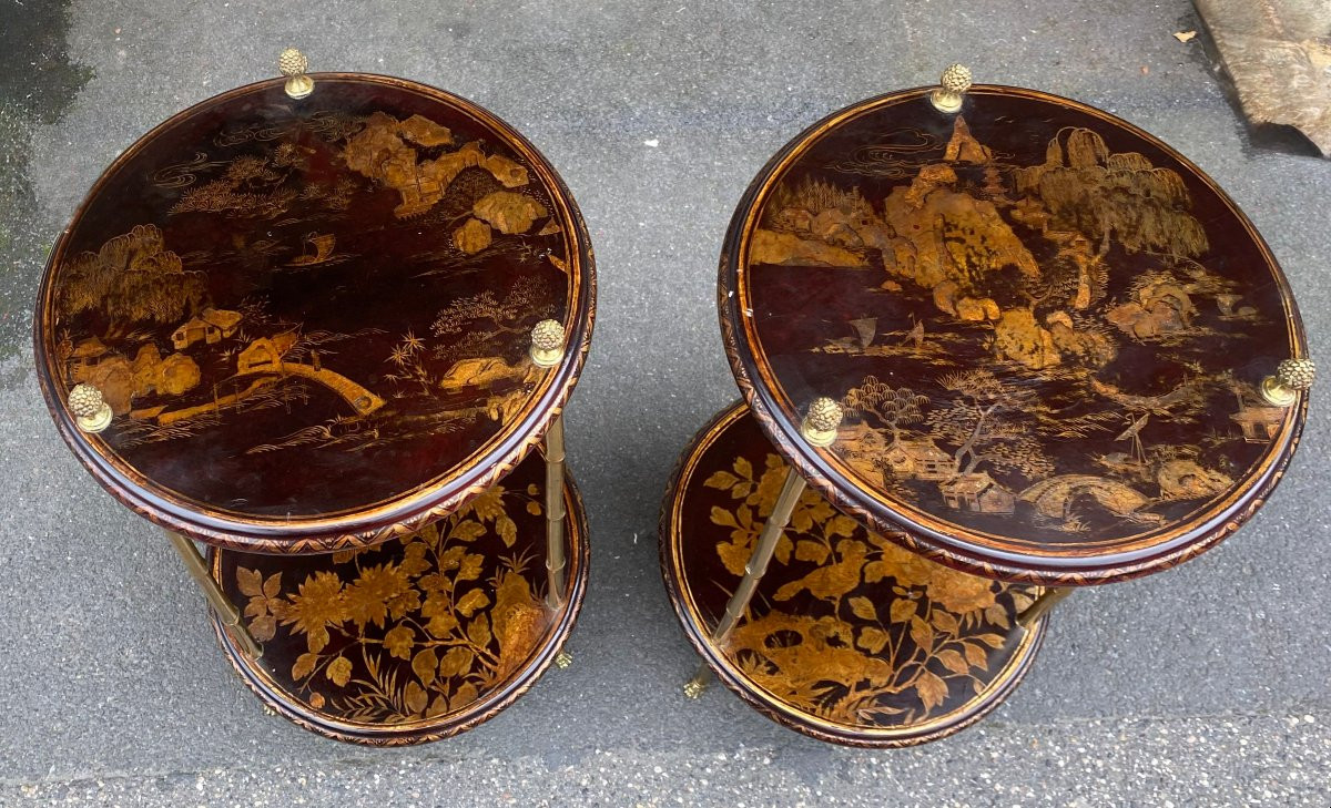 1950/70′ Pair Of Maison Baguès Pedestal Tables Bamboo Decor Gilt Bronze And Chinese Lacquer ø 40 H70 Cm-photo-3