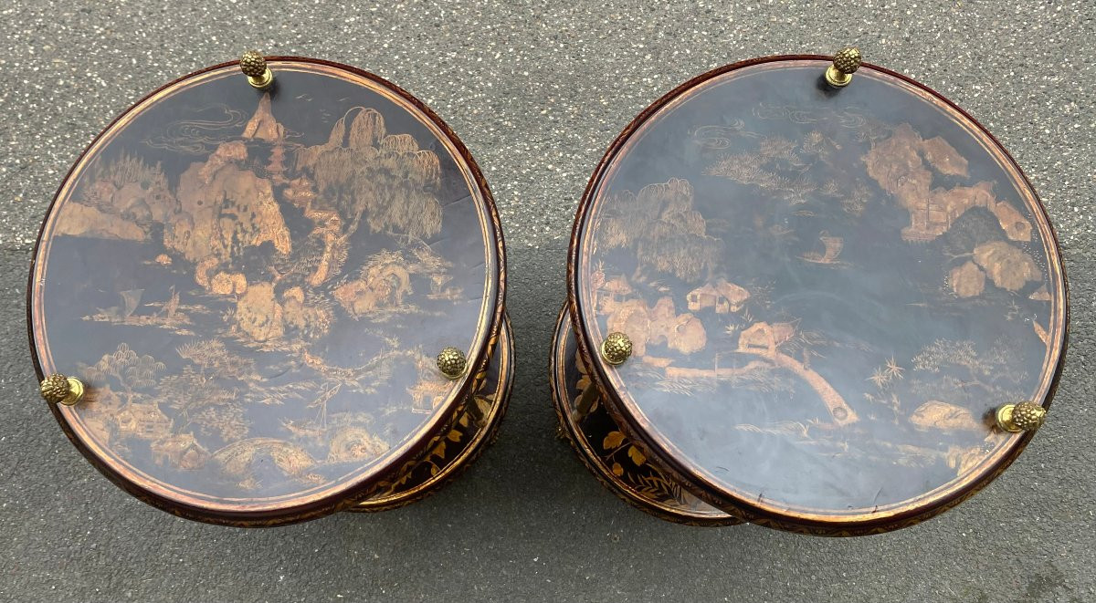 1950/70′ Pair Of Maison Baguès Pedestal Tables Bamboo Decor Gilt Bronze And Chinese Lacquer ø 40 H70 Cm-photo-4