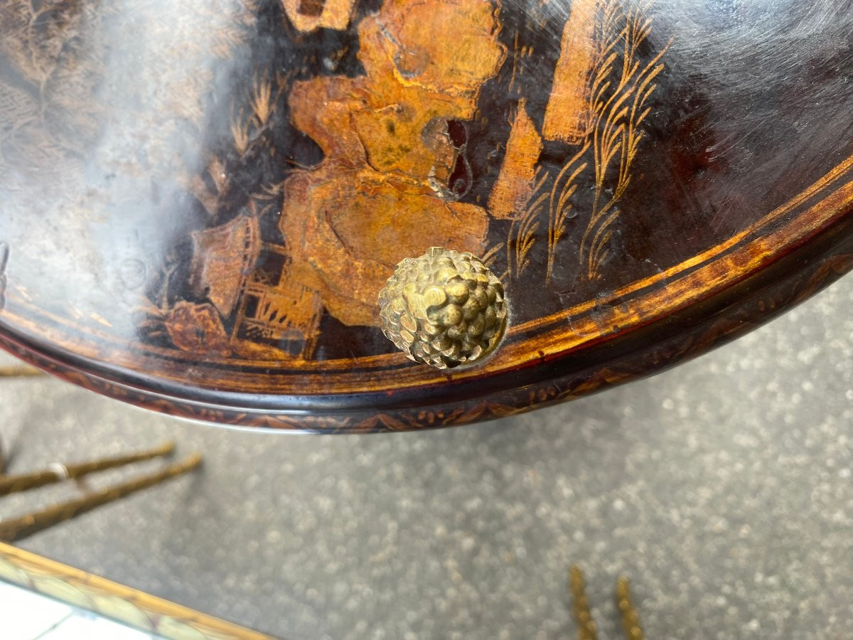 1950/70′ Pair Of Maison Baguès Pedestal Tables Bamboo Decor Gilt Bronze And Chinese Lacquer ø 40 H70 Cm-photo-6