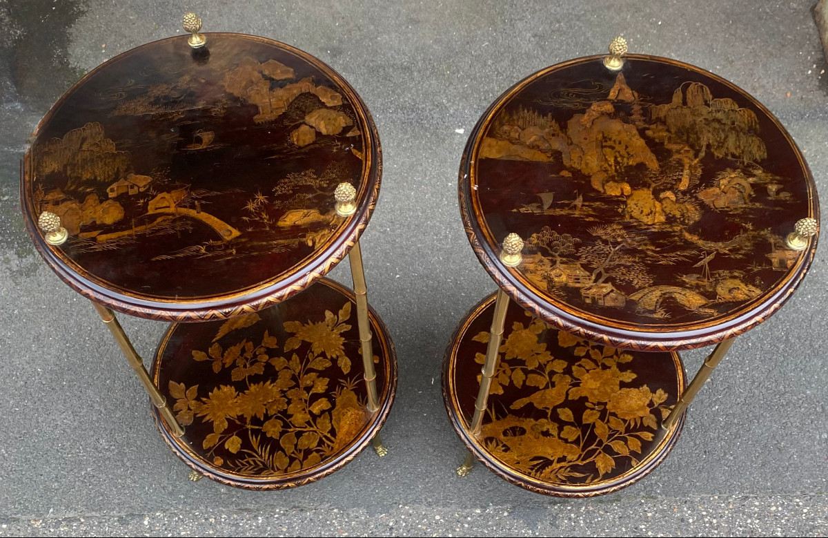 1950/70′ Pair Of Maison Baguès Pedestal Tables Bamboo Decor Gilt Bronze And Chinese Lacquer ø 40 H70 Cm