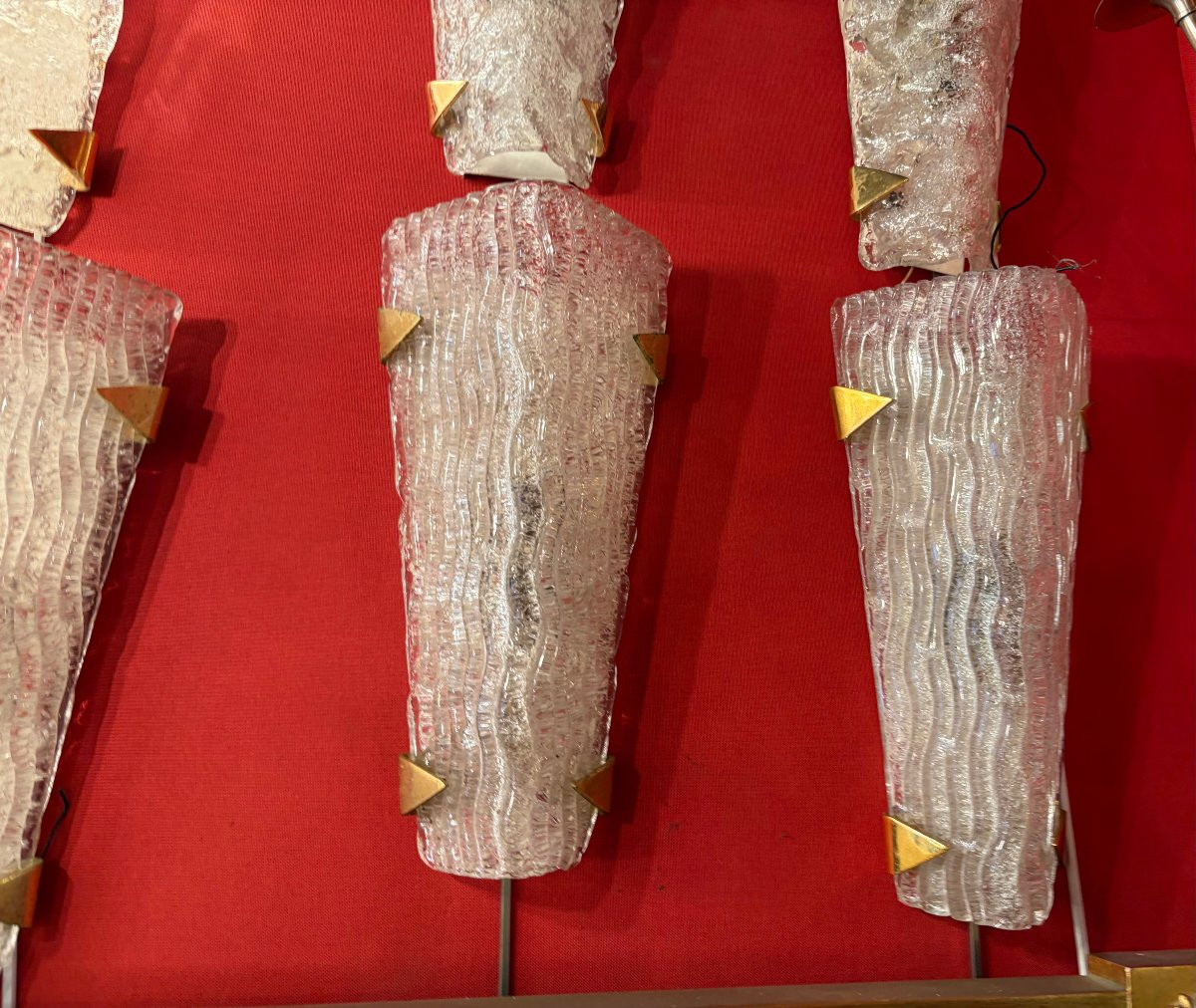 1950/70′ 2 Sets Of 3 Dlg Murano And Kalmar Frosted Glass Wall Sconces With Gilded Brass Claws-photo-5