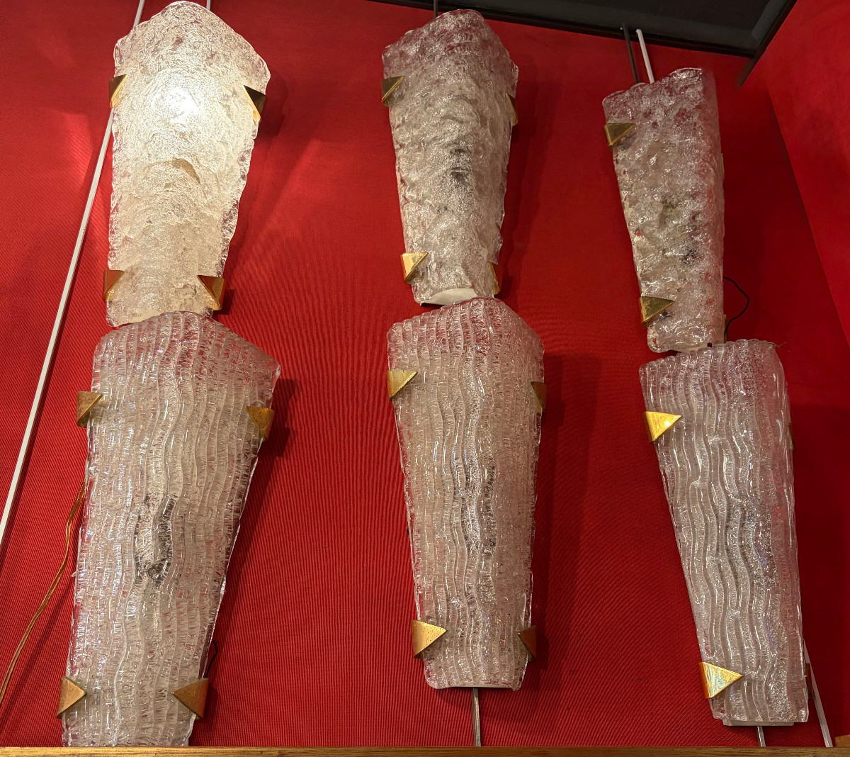 1950/70′ 2 Sets Of 3 Dlg Murano And Kalmar Frosted Glass Wall Sconces With Gilded Brass Claws