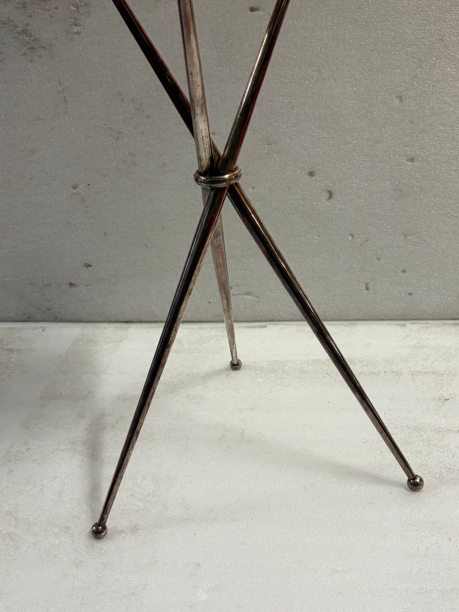 1950s Travel Tripod Side Table, Silvered Bronze, Maison Jansen Or Bagués, ø 26 Cm, H 55 Cm-photo-2