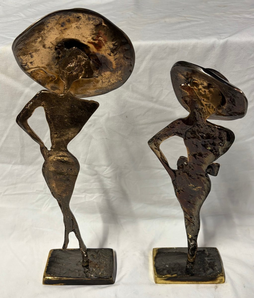 1970/80 ‘Les 2 Elégantes Au Chapeau Sculptures En Bronze , Signées LOHE-photo-2