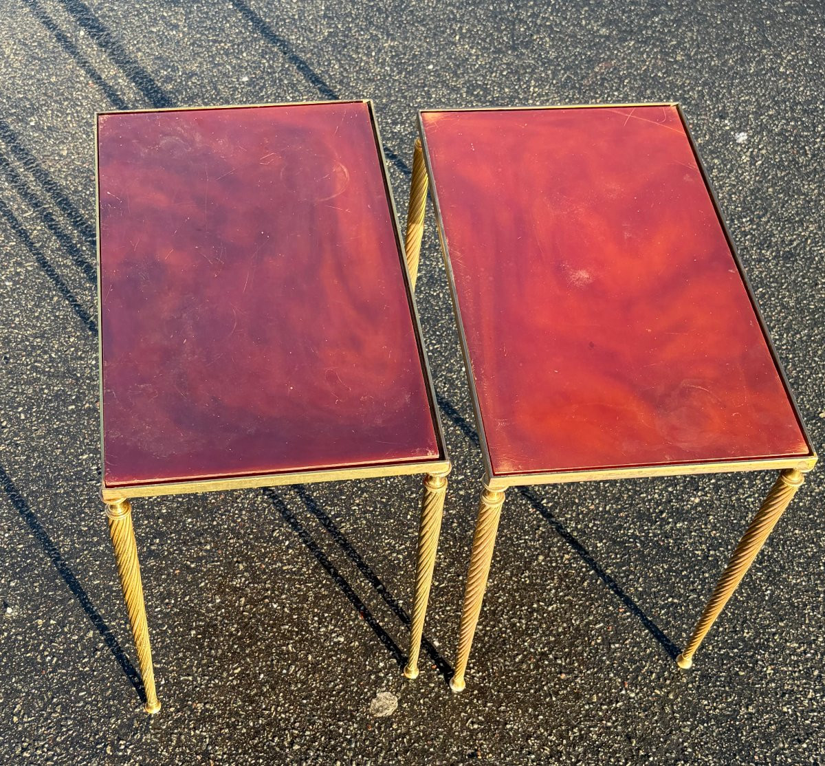 1970′ Paire De Tables Maison Baguès  Bronze Doré, Plateaux Bakélite Façon Ambré 30 X 50 X H 51 -photo-2