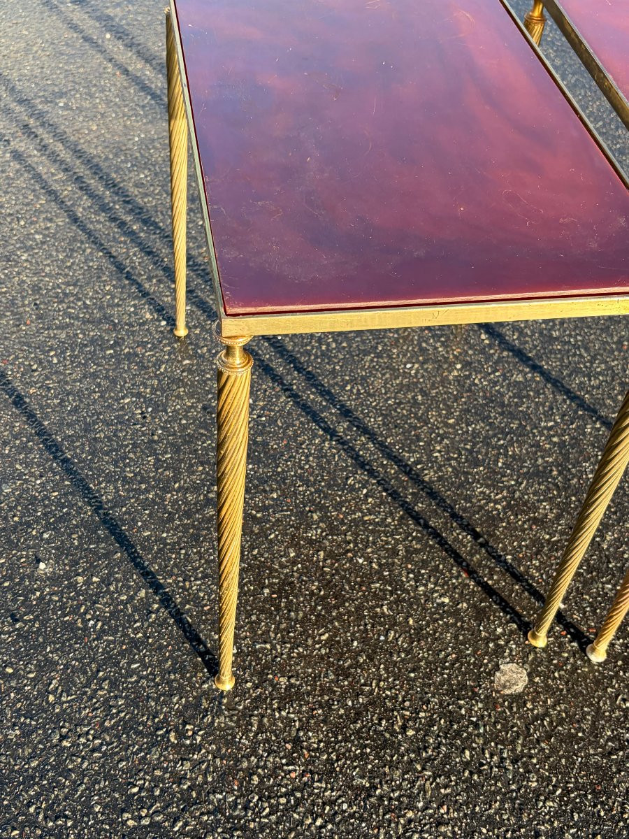 1970′ Paire De Tables Maison Baguès  Bronze Doré, Plateaux Bakélite Façon Ambré 30 X 50 X H 51 -photo-3