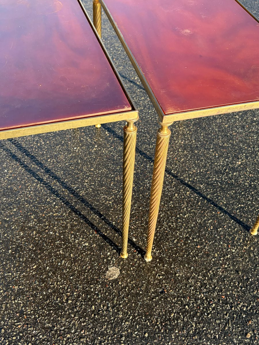 1970′ Paire De Tables Maison Baguès  Bronze Doré, Plateaux Bakélite Façon Ambré 30 X 50 X H 51 -photo-4