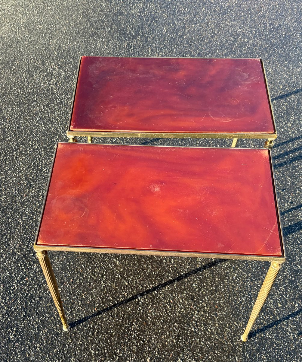 1970′ Paire De Tables Maison Baguès  Bronze Doré, Plateaux Bakélite Façon Ambré 30 X 50 X H 51 -photo-1