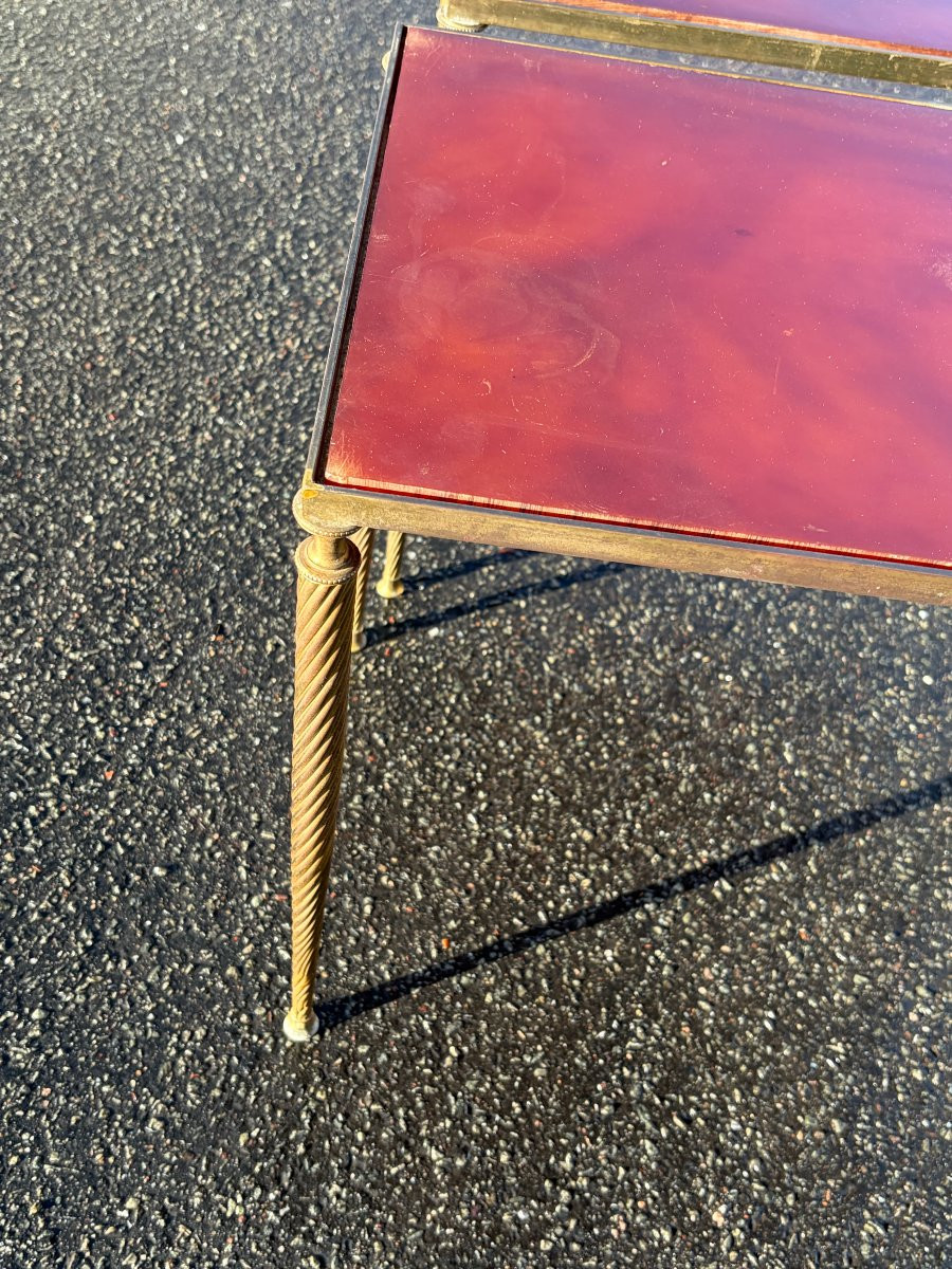 1970′ Paire De Tables Maison Baguès  Bronze Doré, Plateaux Bakélite Façon Ambré 30 X 50 X H 51 -photo-2