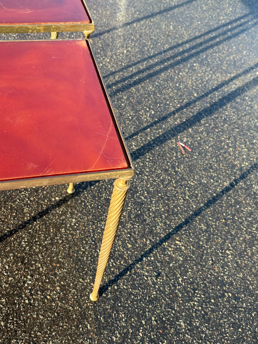 1970′ Paire De Tables Maison Baguès  Bronze Doré, Plateaux Bakélite Façon Ambré 30 X 50 X H 51 -photo-3