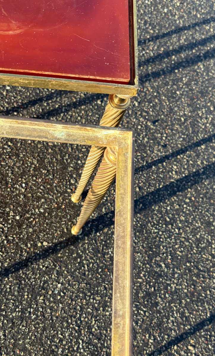 1970′ Paire De Tables Maison Baguès  Bronze Doré, Plateaux Bakélite Façon Ambré 30 X 50 X H 51 -photo-5