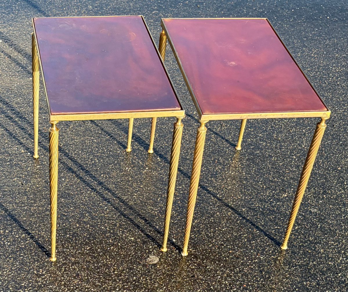 1970′ Paire De Tables Maison Baguès  Bronze Doré, Plateaux Bakélite Façon Ambré 30 X 50 X H 51 
