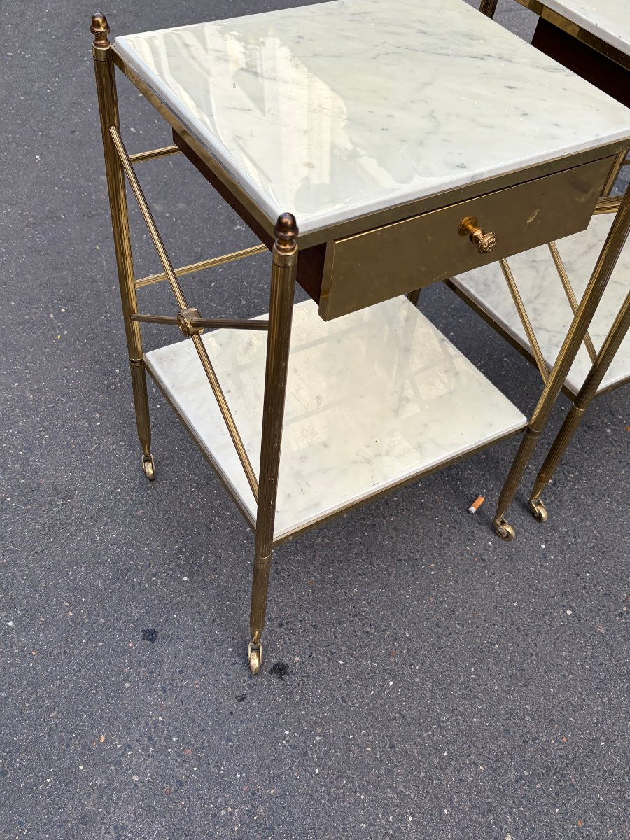 1950/70′ Paire De Bouts De Canapés, Bronze Tiroir Maison Baguès Plateaux Marbre 37 X 33 X H 59 -photo-3