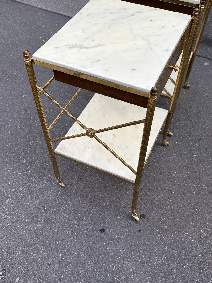 1950/70′ Paire De Bouts De Canapés, Bronze Tiroir Maison Baguès Plateaux Marbre 37 X 33 X H 59 -photo-4