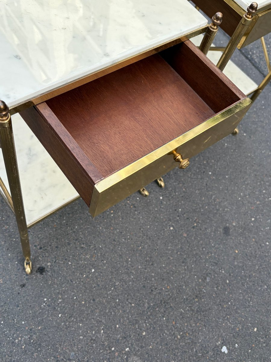 1950/70′ Paire De Bouts De Canapés, Bronze Tiroir Maison Baguès Plateaux Marbre 37 X 33 X H 59 -photo-6