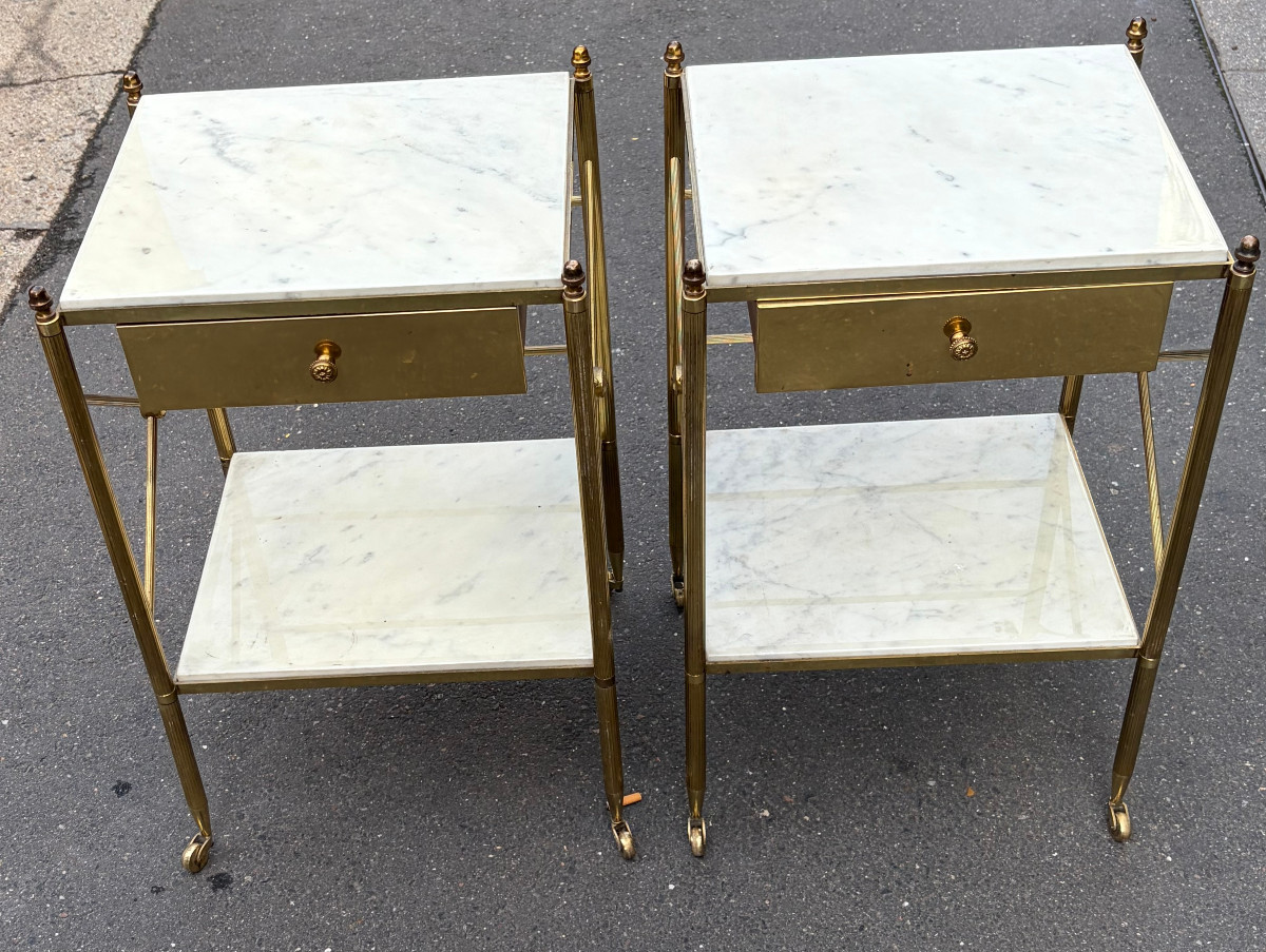 1950/70′ Paire De Bouts De Canapés, Bronze Tiroir Maison Baguès Plateaux Marbre 37 X 33 X H 59 