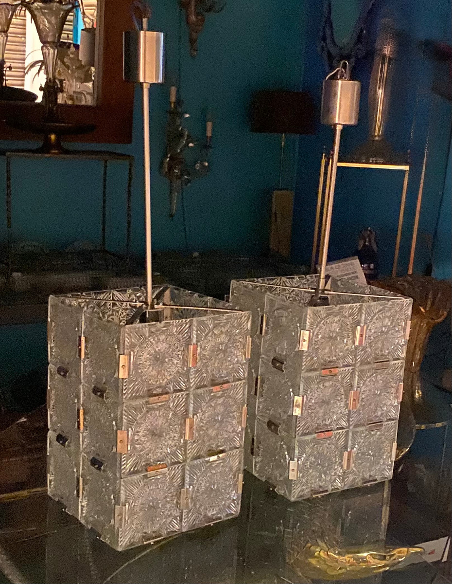 1950/70 Pair Of Cube Chandeliers By Kamenicky Senov H 70 X 35 X 25 X 25 Cm