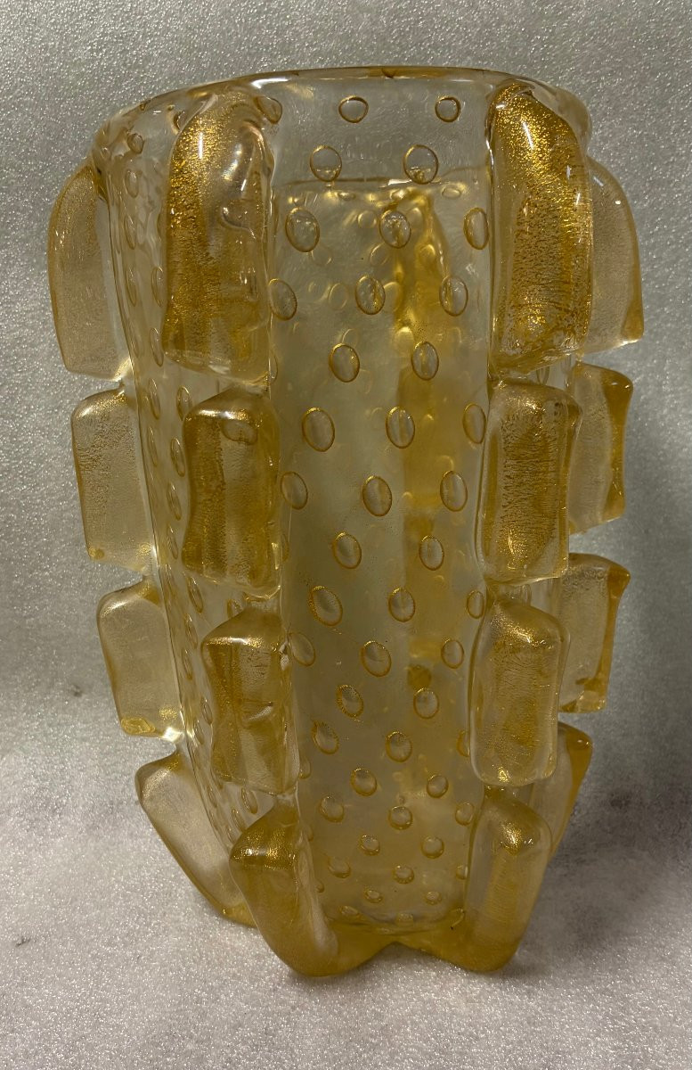 1970′ Vase Cristal Murano Avec Paillons D’ Or Signé Barovier i Toso H 36 x 26 cm-photo-2