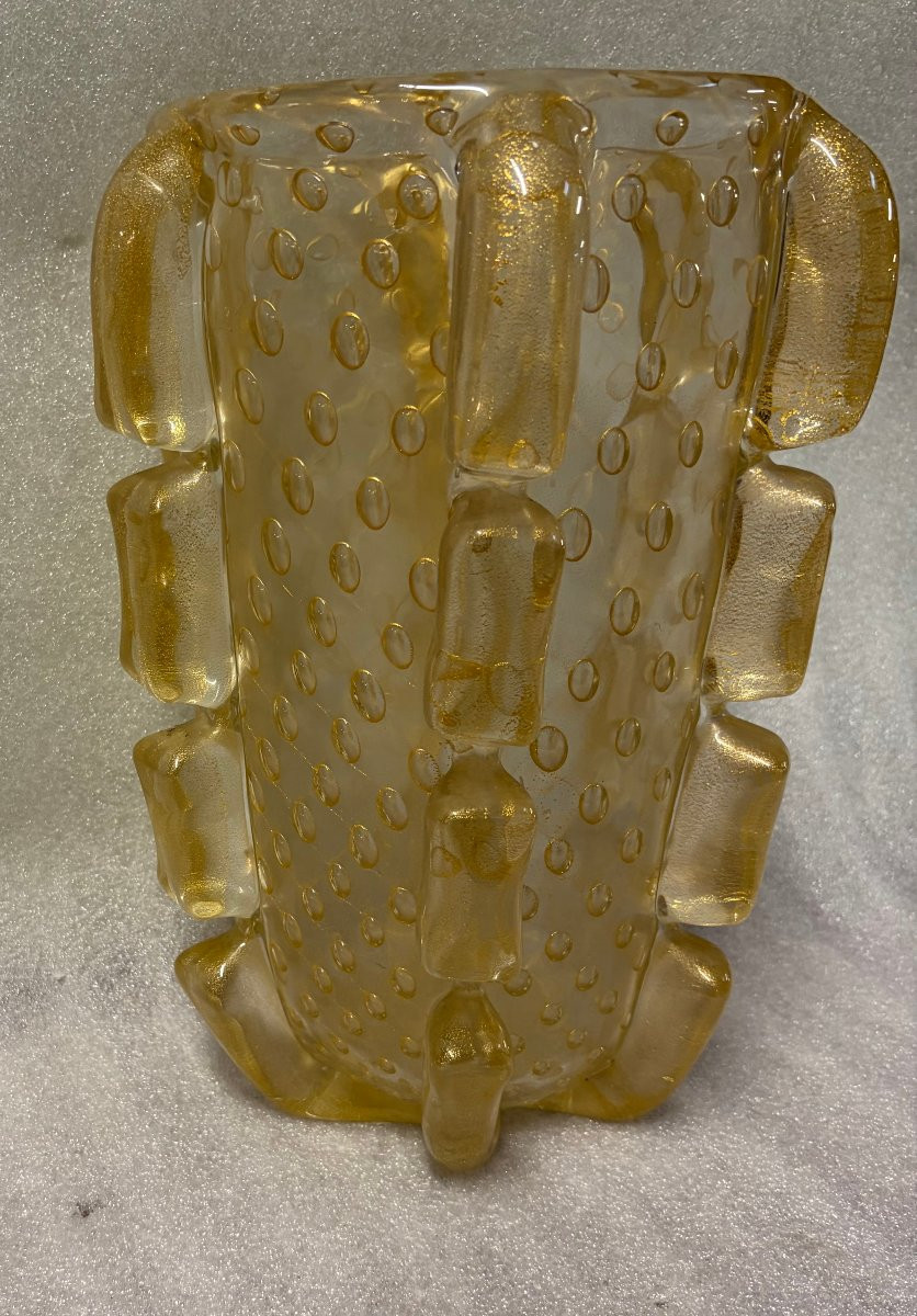 1970′ Vase Cristal Murano Avec Paillons D’ Or Signé Barovier i Toso H 36 x 26 cm-photo-3