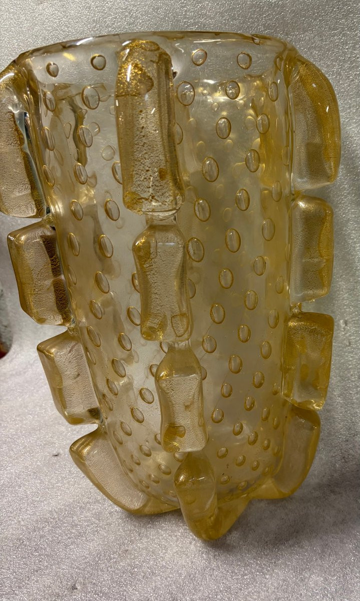 1970′ Vase Cristal Murano Avec Paillons D’ Or Signé Barovier i Toso H 36 x 26 cm-photo-4
