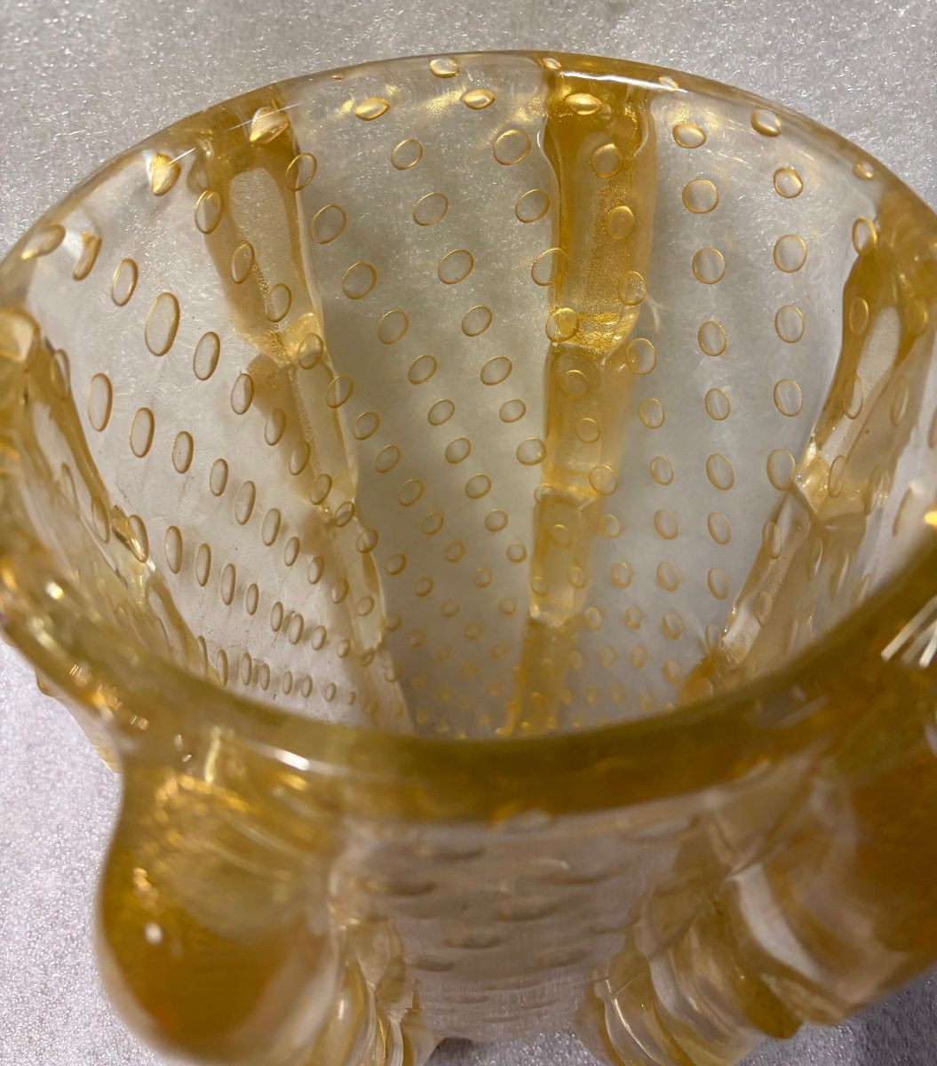 1970′ Vase Cristal Murano Avec Paillons D’ Or Signé Barovier i Toso H 36 x 26 cm-photo-1