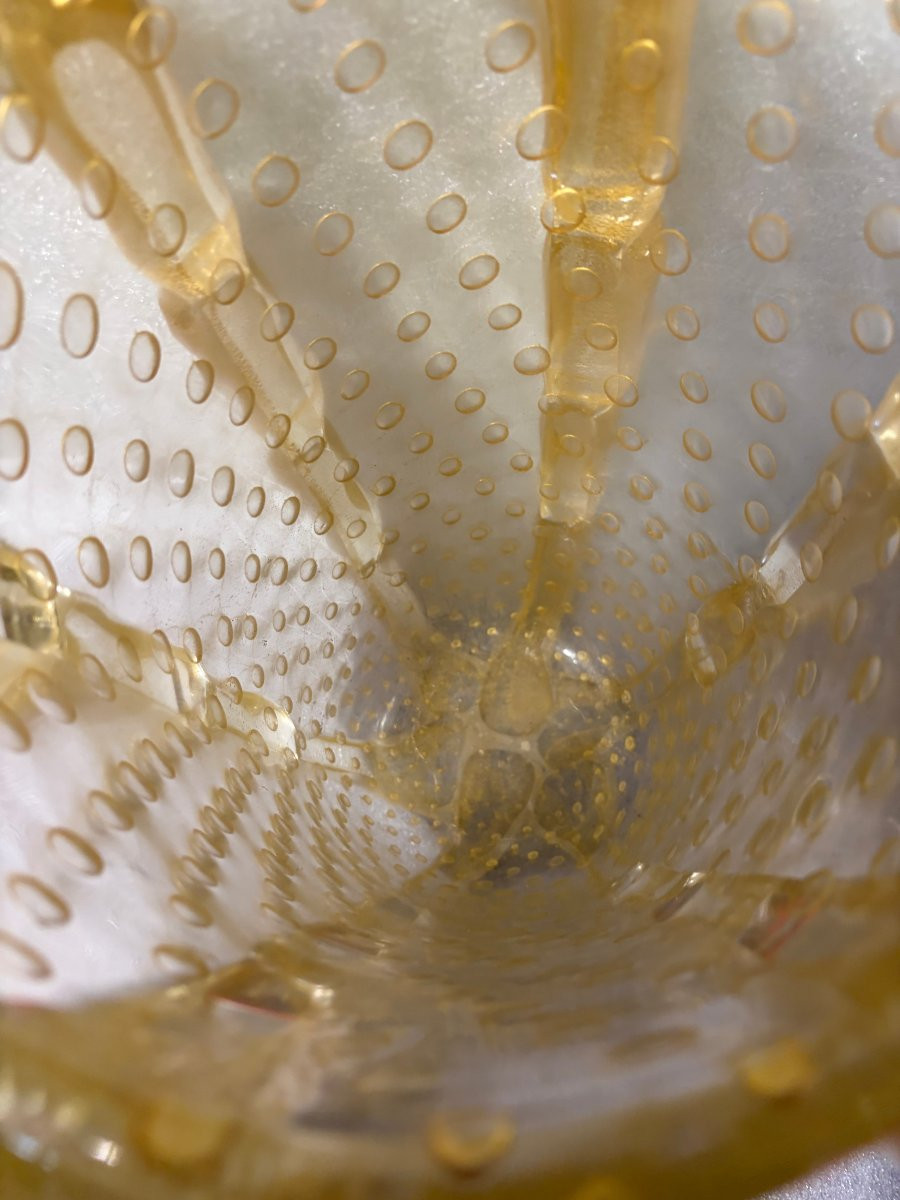 1970′ Vase Cristal Murano Avec Paillons D’ Or Signé Barovier i Toso H 36 x 26 cm-photo-2