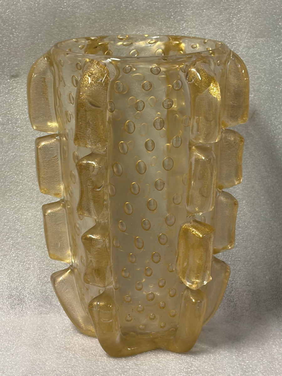 1970′ Vase Cristal Murano Avec Paillons D’ Or Signé Barovier i Toso H 36 x 26 cm