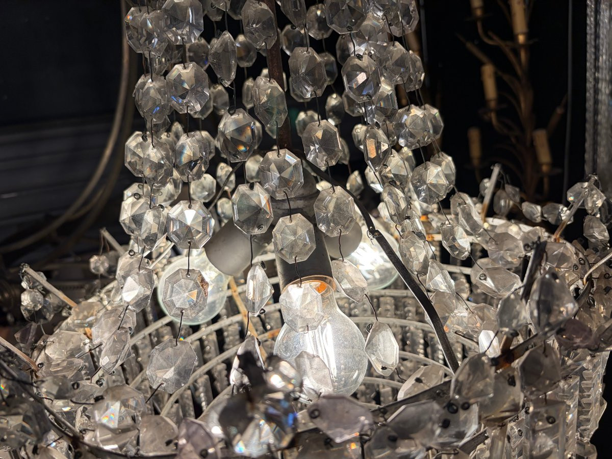 1950s Chandelier With Cabochon Crystals And 3 Lights, H 90 Cm, ø 50 Cm-photo-3