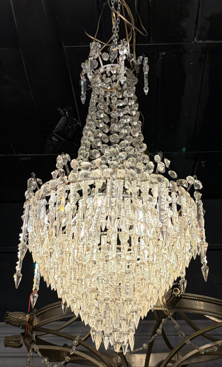 1950s Chandelier With Cabochon Crystals And 3 Lights, H 90 Cm, ø 50 Cm
